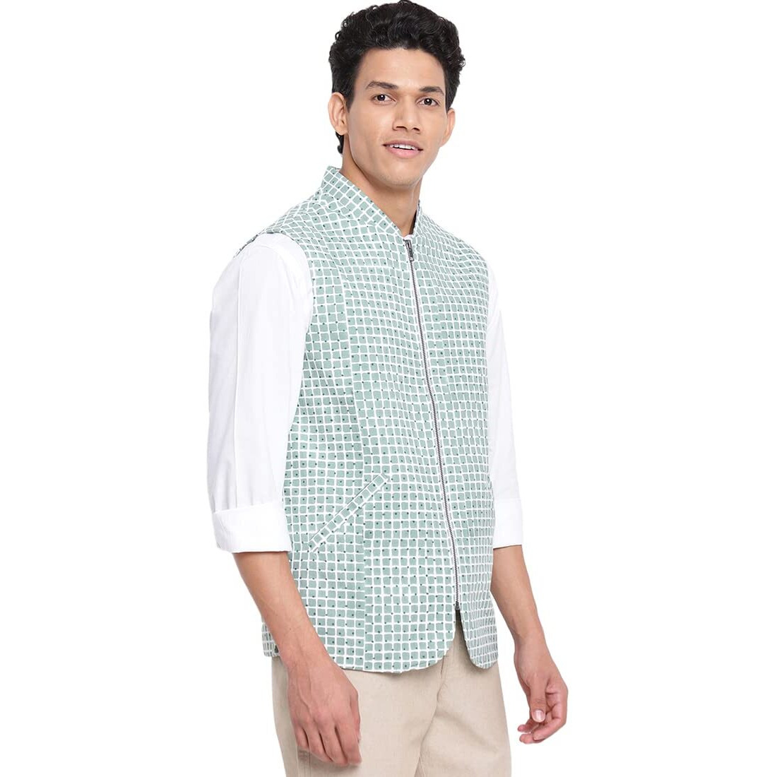 Fabindia Men Cotton Printed Jacket Green_M