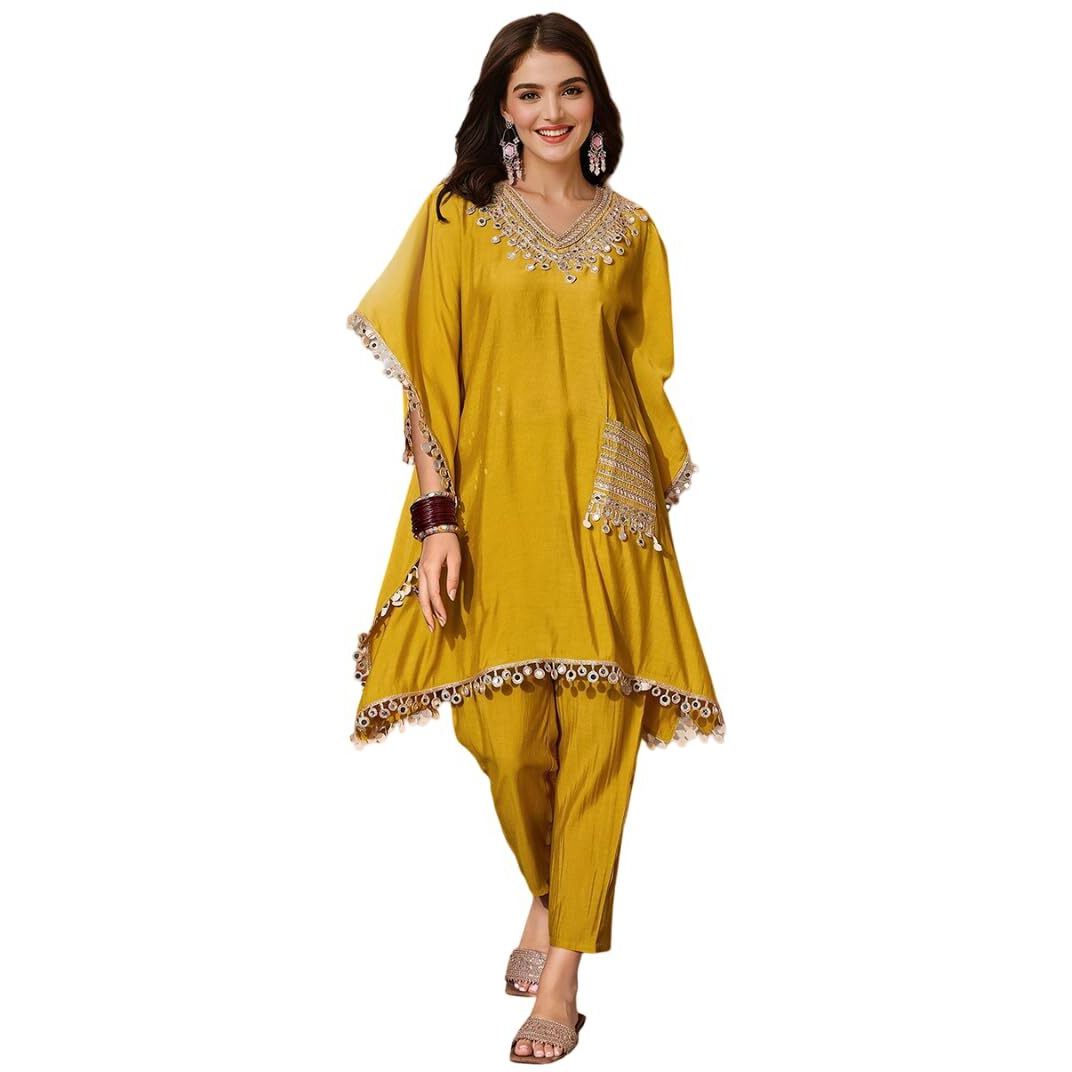 Ishin Women Mustard Embellished Zari Work Kaftan With Solid Pants