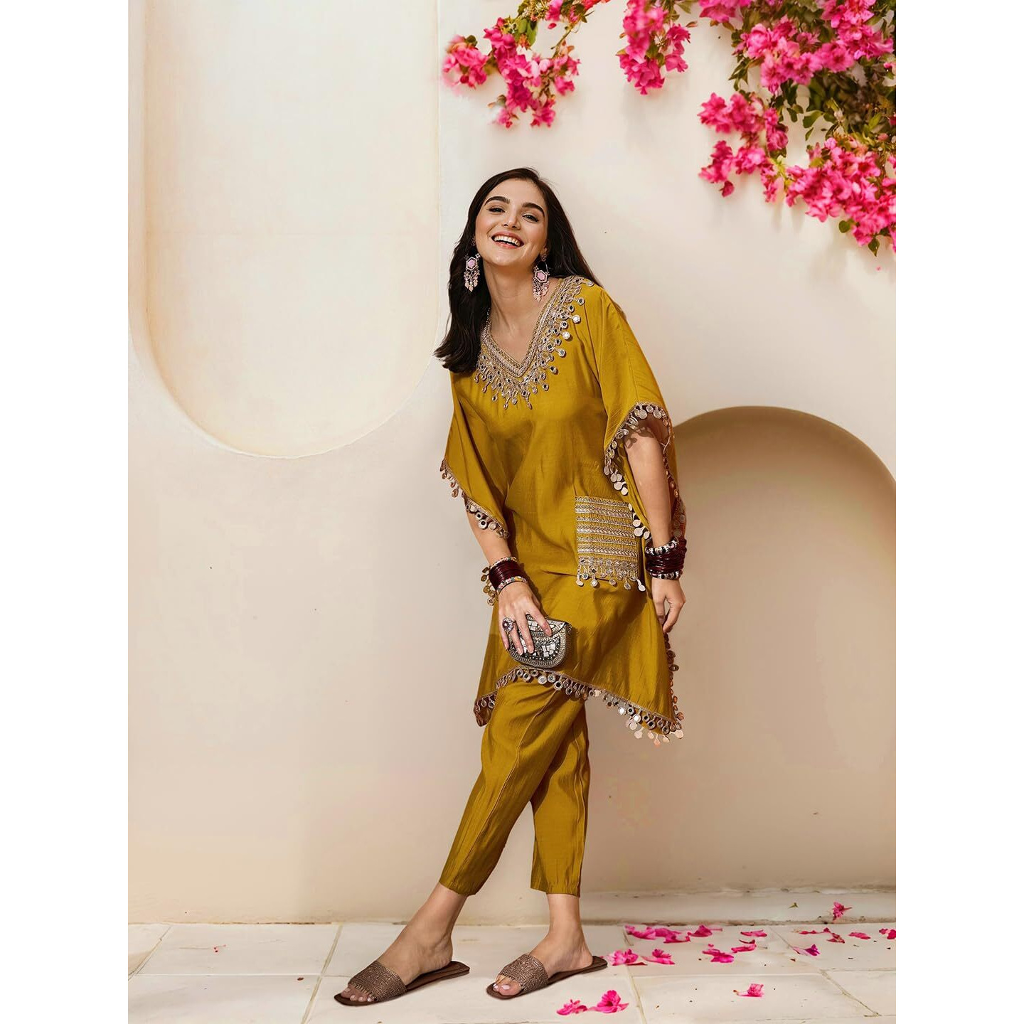 Ishin Women Mustard Embellished Zari Work Kaftan With Solid Pants