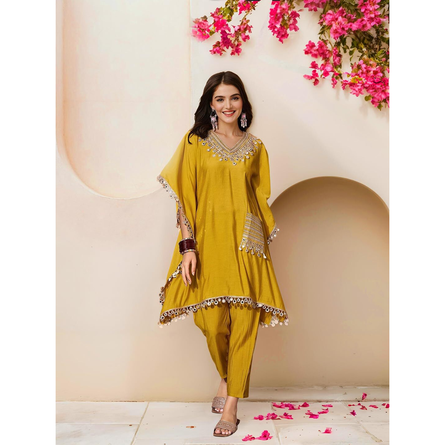 Ishin Women Mustard Embellished Zari Work Kaftan With Solid Pants
