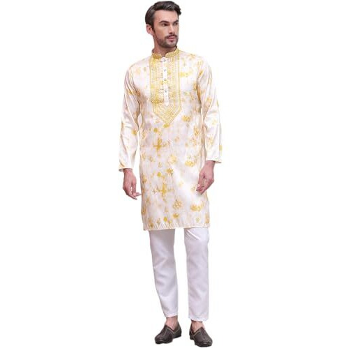 Jompers Men's Yellow Geometric Cotton Blend Kurta With Pyjama. (Yellow, Xxl)
