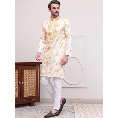 Jompers Men's Yellow Geometric Cotton Blend Kurta With Pyjama. (Yellow, Xxl)