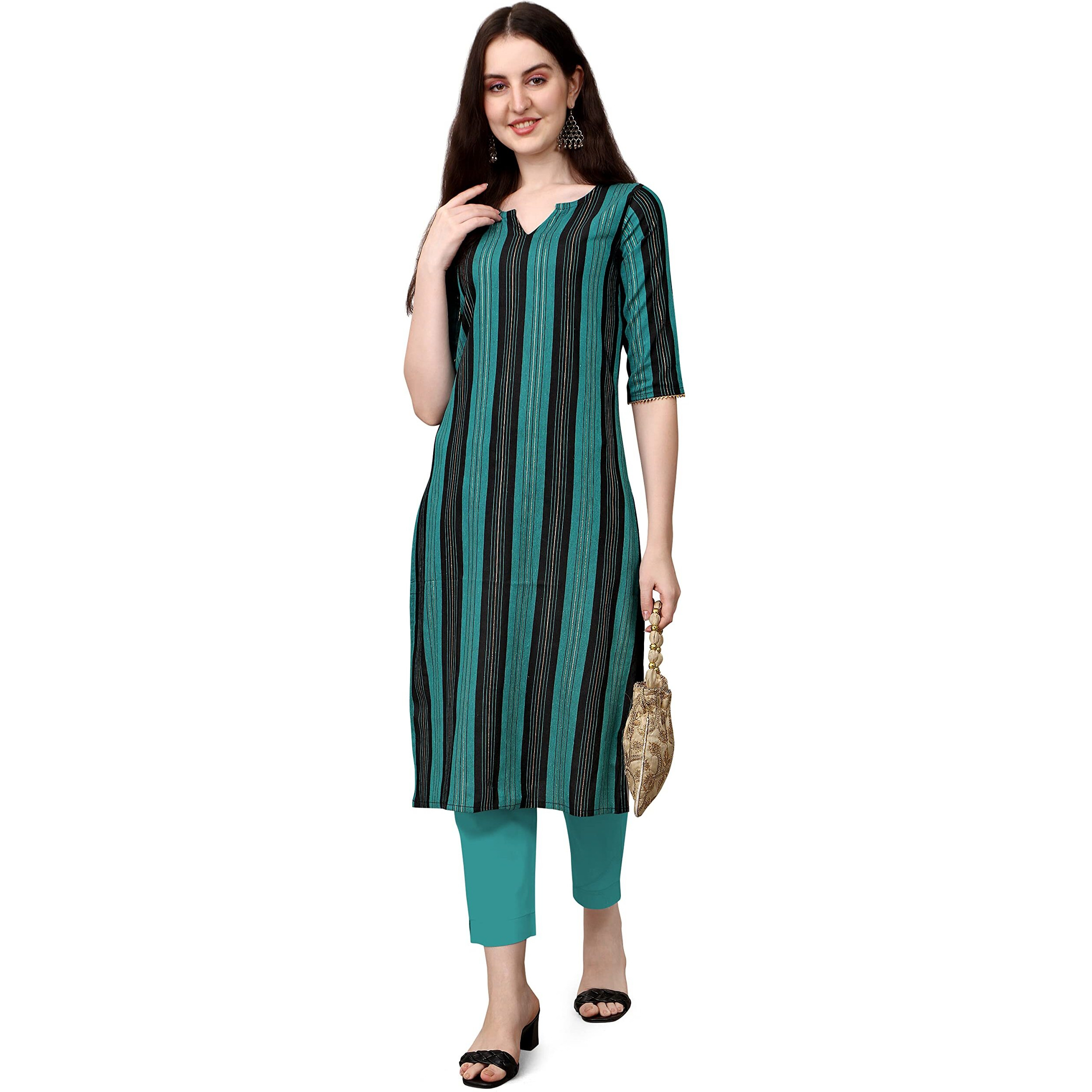 Lookmark Women's Teal Blue And Black Striped Cotton Blend Straight Stitched Kurta(K1091-M_Rama)