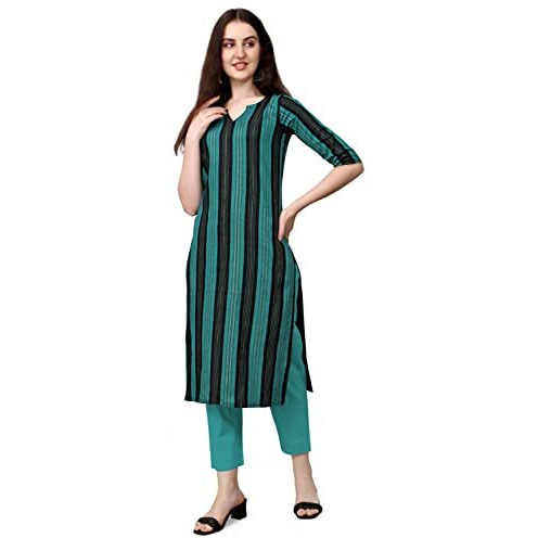 Lookmark Women's Teal Blue And Black Striped Cotton Blend Straight Stitched Kurta(K1091-M_Rama)