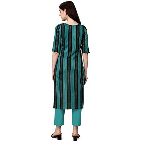 Lookmark Women's Teal Blue And Black Striped Cotton Blend Straight Stitched Kurta(K1091-M_Rama)
