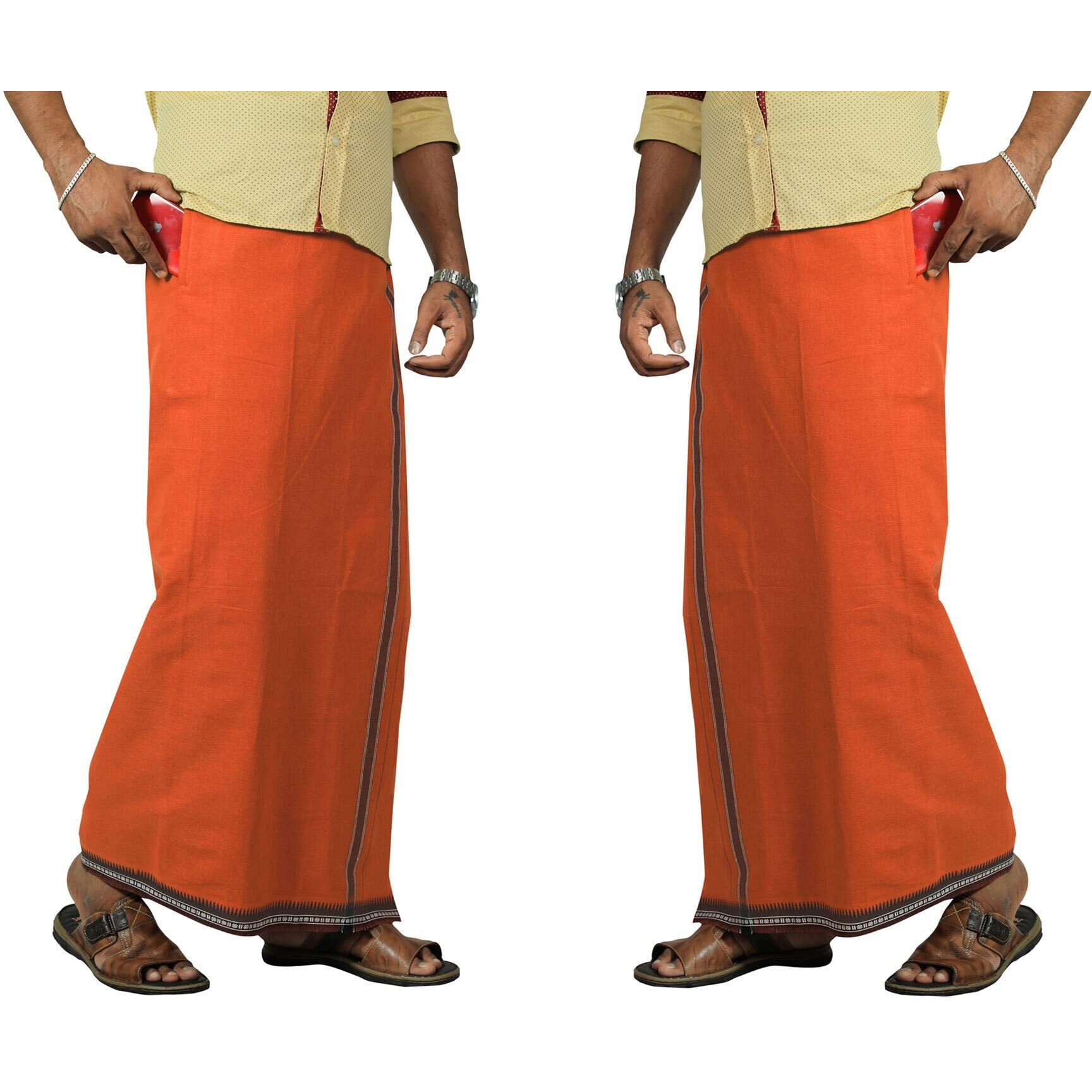 Prakasam Cotton Mens Kerala Thalapathi Border 2Way Pocket (Right &Left Side) Flexi Size (Adjustable) Welcro Single Colour Dhoti (Small, Orange)