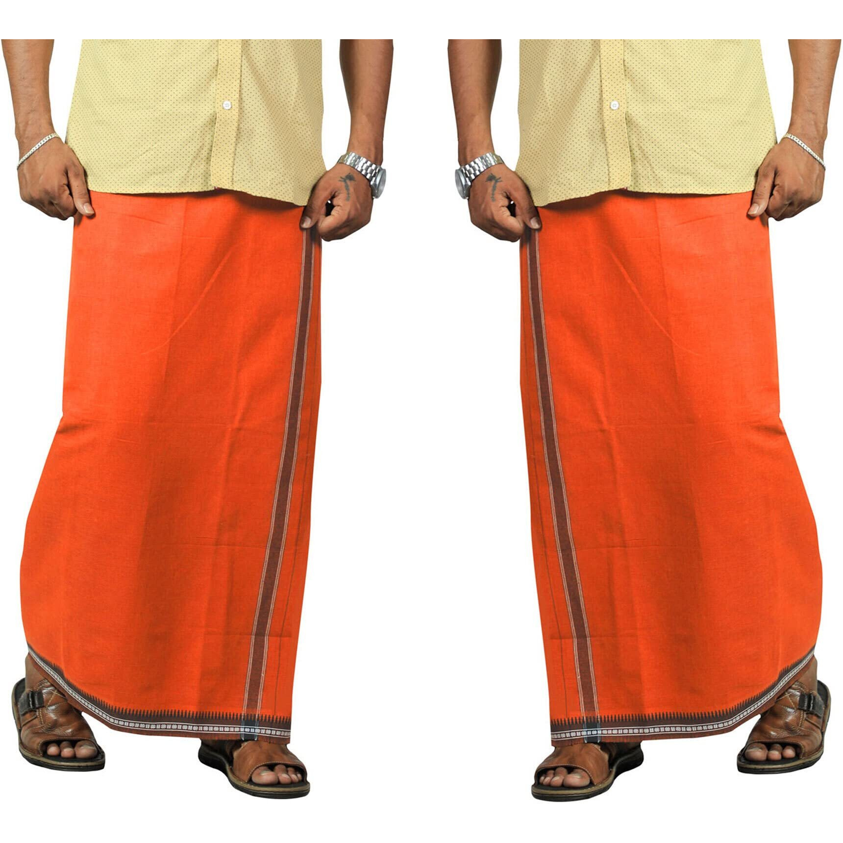 Prakasam Cotton Mens Kerala Thalapathi Border 2Way Pocket (Right &Left Side) Flexi Size (Adjustable) Welcro Single Colour Dhoti (Small, Orange)
