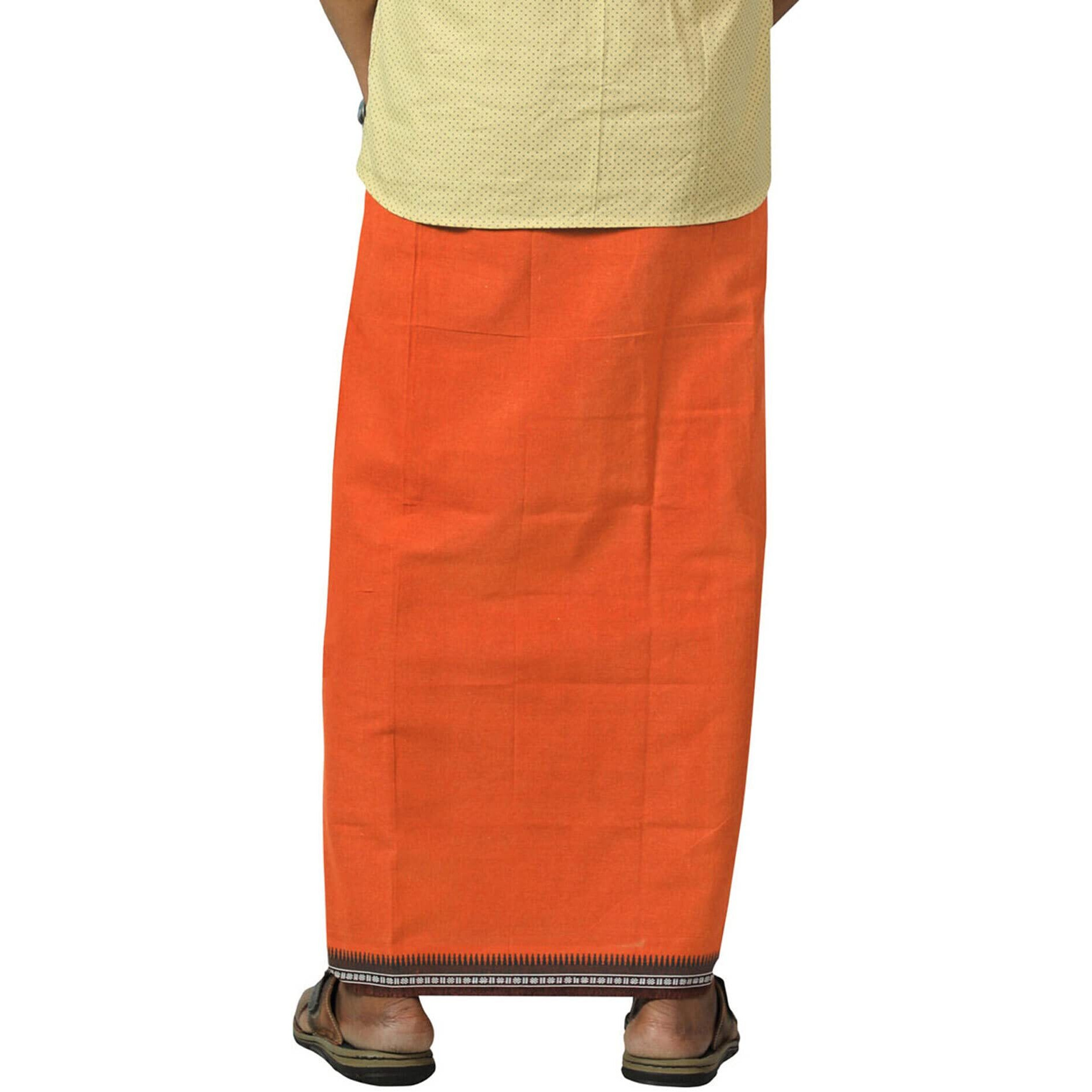 Prakasam Cotton Mens Kerala Thalapathi Border 2Way Pocket (Right &Left Side) Flexi Size (Adjustable) Welcro Single Colour Dhoti (Small, Orange)
