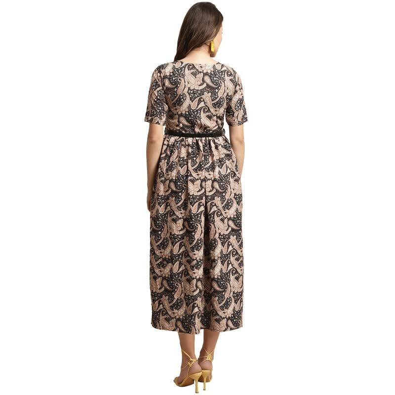 Preneum Girls's Georgette Floral Printed 3/4 Slevees A-Line Fit & Flare Gown With Belt, Black, M