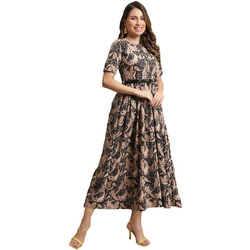 Preneum Girls's Georgette Floral Printed 3/4 Slevees A-Line Fit & Flare Gown With Belt, Black, M
