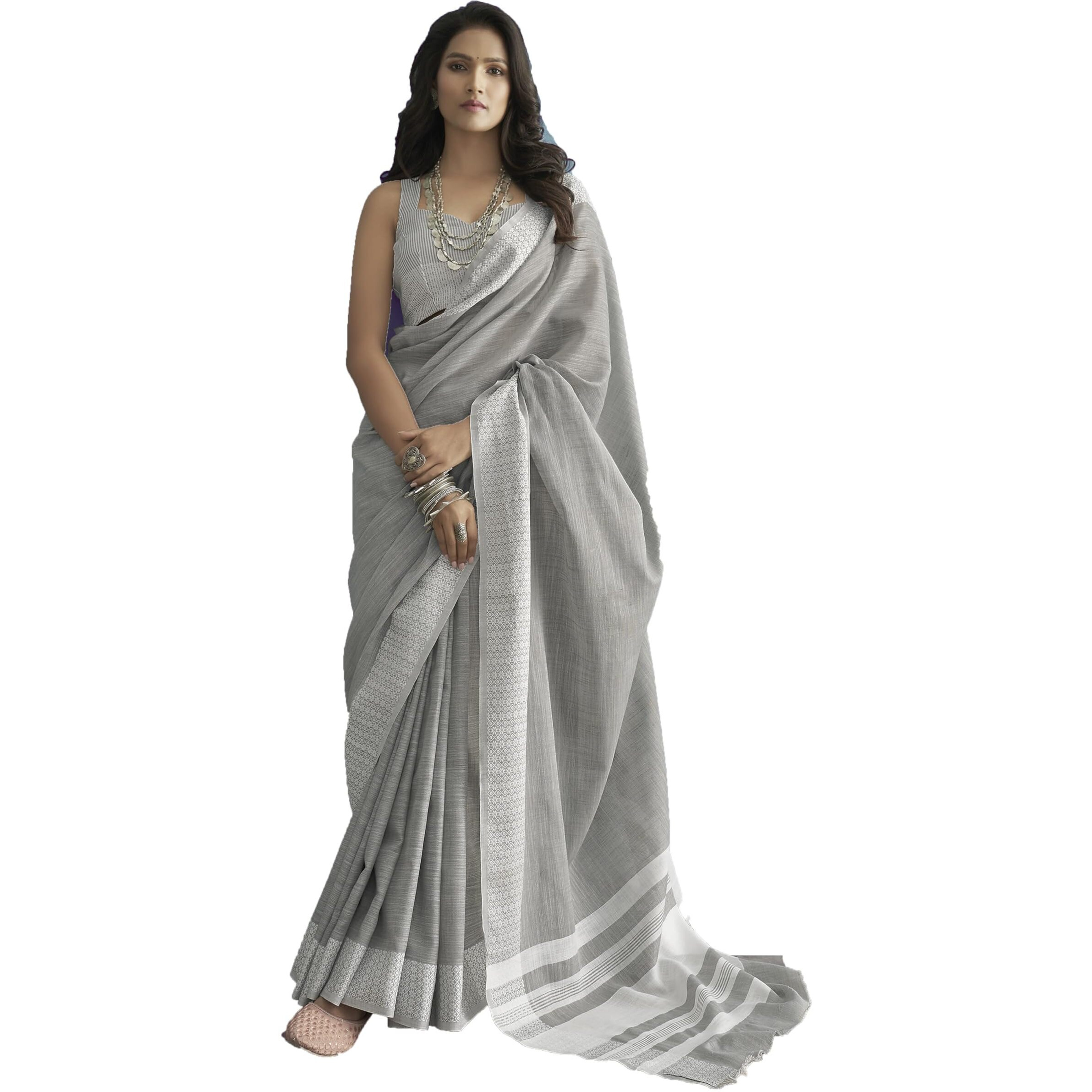 Pujia Mills Women's Soft Linen Indian Ethnic Wear Saree Casual Wear Saree Professional Wear Women Cotton Saree Cream & Black Saree Chikankari Border Work Simple Casual Saree Linen Saree Grey