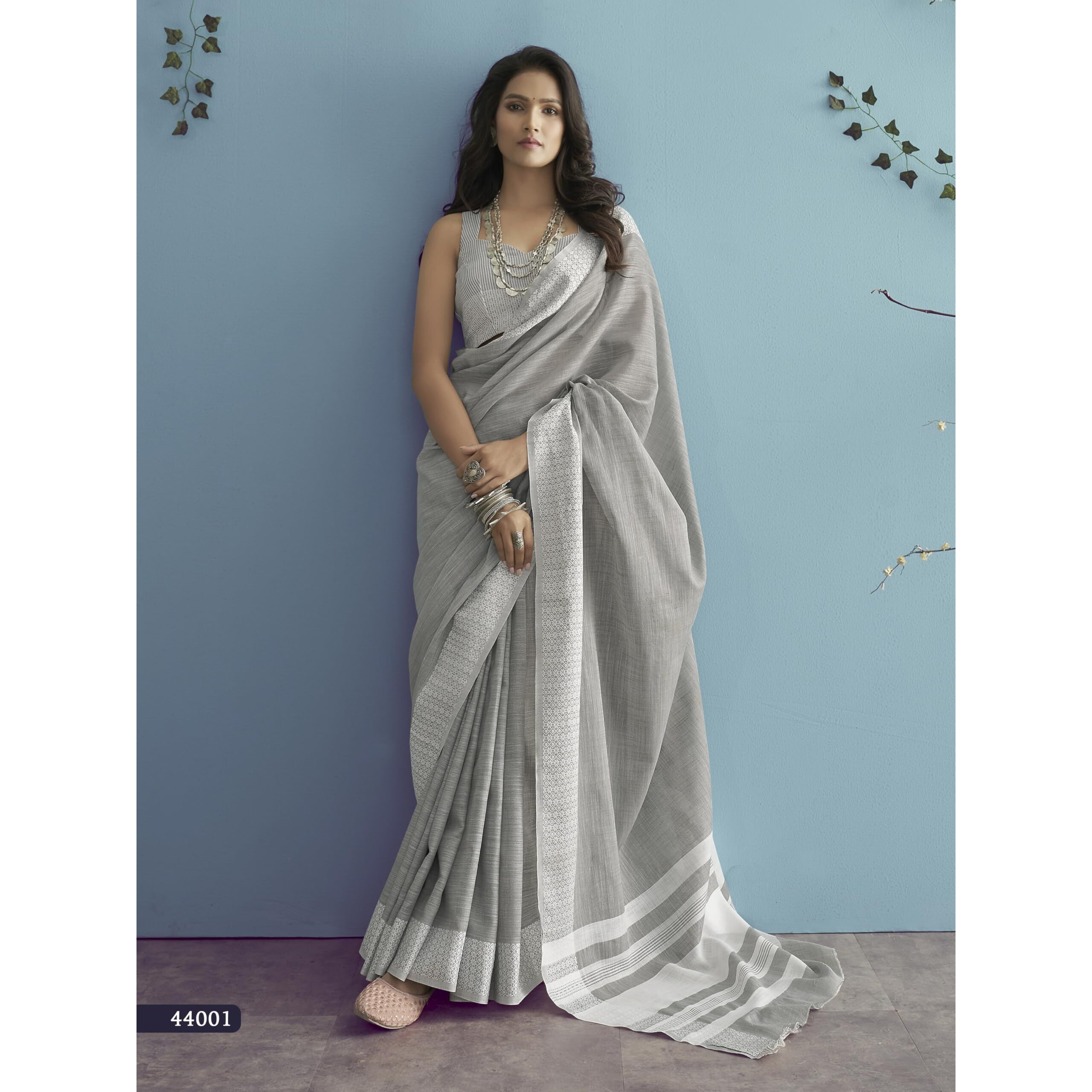 Pujia Mills Women's Soft Linen Indian Ethnic Wear Saree Casual Wear Saree Professional Wear Women Cotton Saree Cream & Black Saree Chikankari Border Work Simple Casual Saree Linen Saree Grey