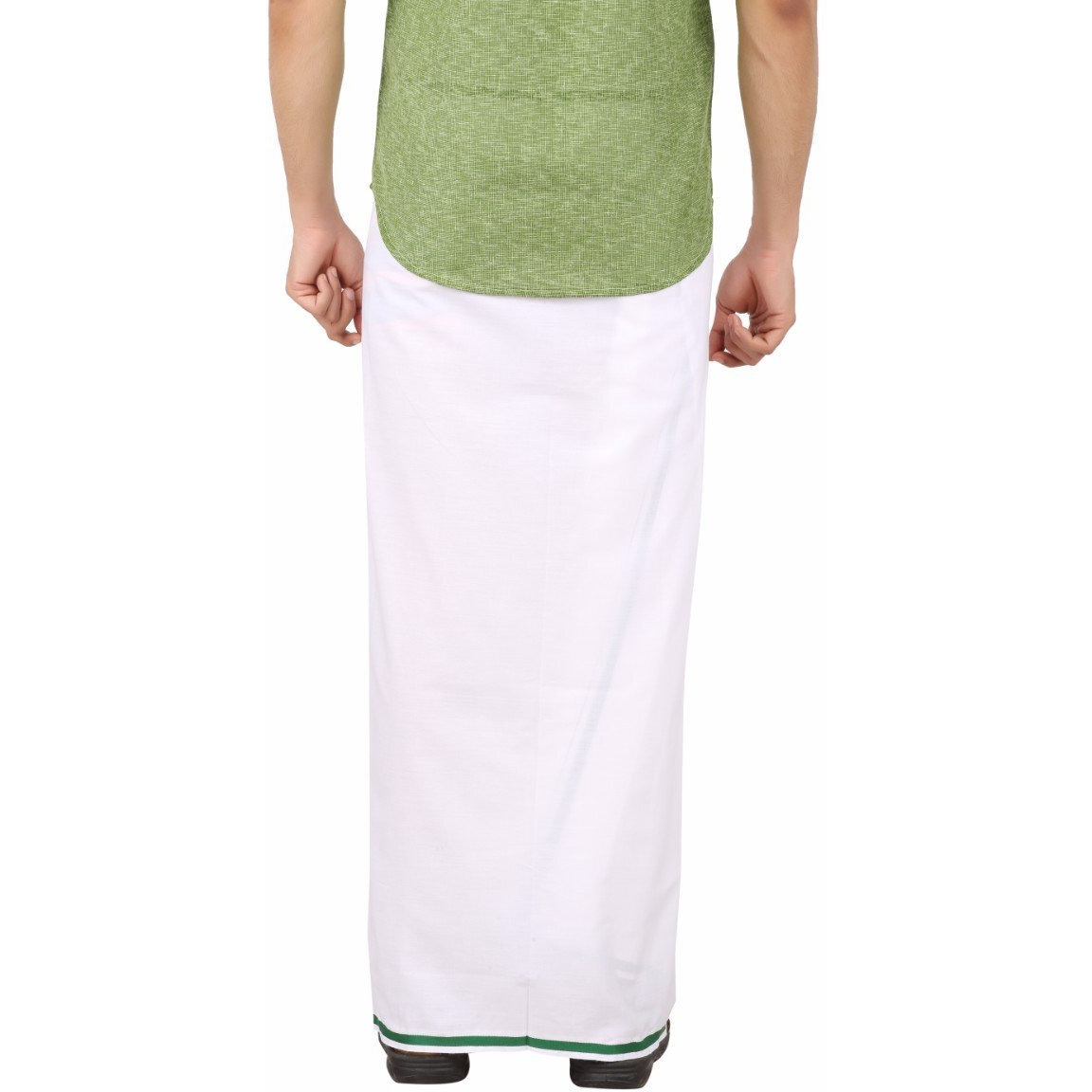 Prakasam Cotton -White Readymade Pocket Dhoti For Mens/Fine Quality White Readymade Dhoties For Mens- Light Green Border