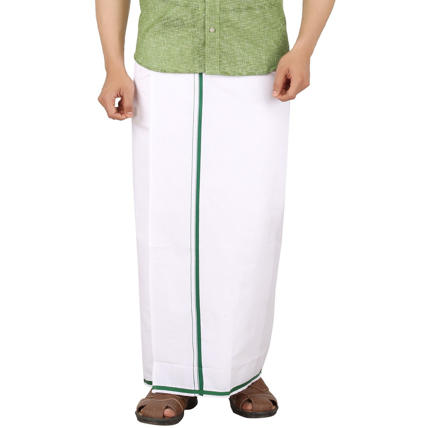 Prakasam Cotton -White Readymade Pocket Dhoti For Mens/Fine Quality White Readymade Dhoties For Mens- Light Green Border