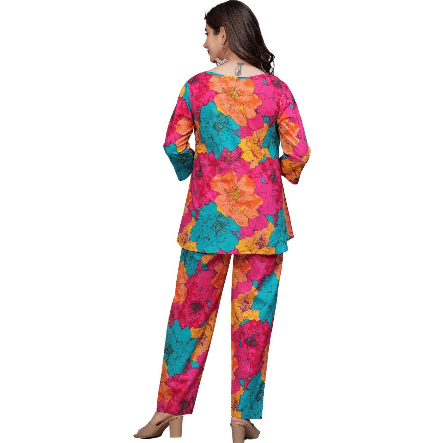 Rytras Women's Pure Cotton Printed Straight Kurta Set With Palazzo Pants - Ethnic Wear, Pink(Ryt606-New,Xxl)
