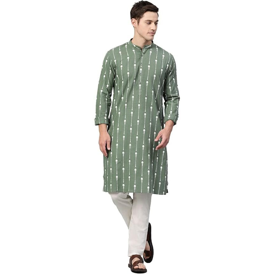 See Designs Men's Green Printed Cotton Mandarin Collar Side Slit Kurta With Pyajama - Sd2Kt89101Xl