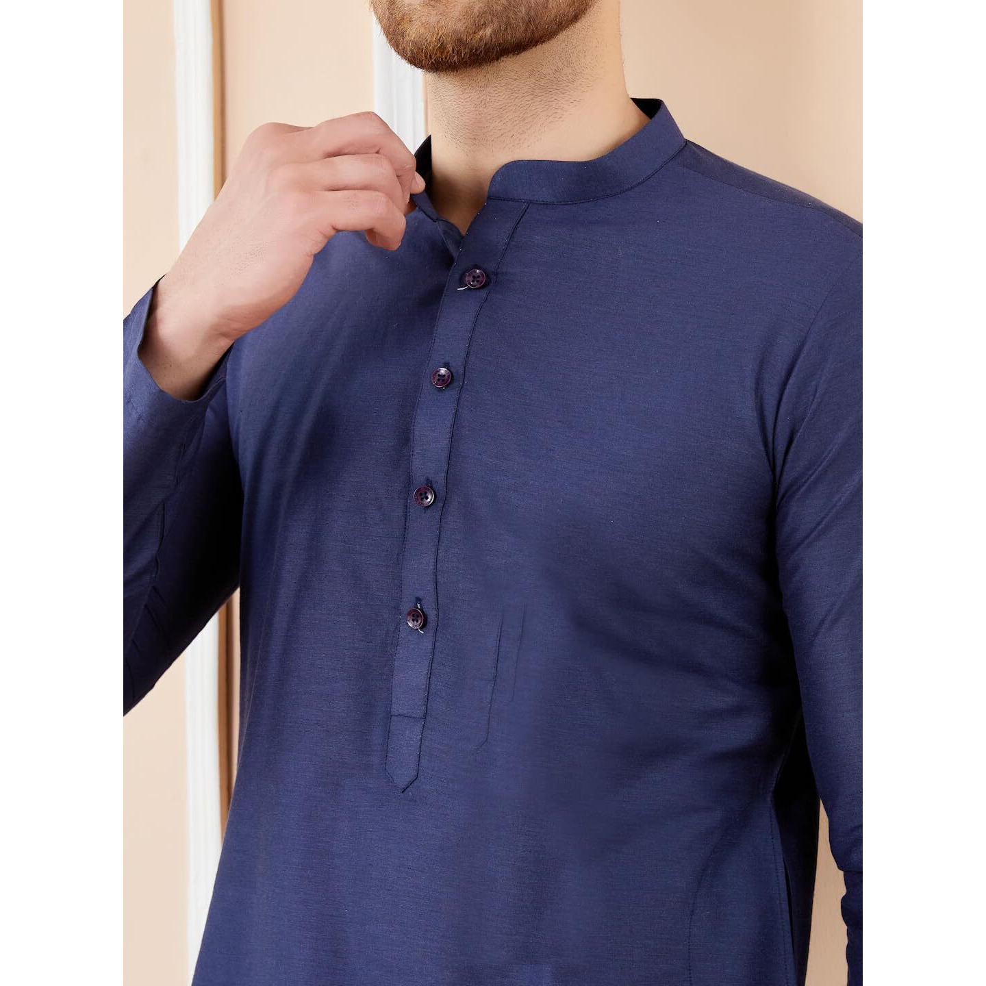 See Designs Men Full Sleeve Mandarin Collar Side Slit Blue Cotton Solid Straight Kurta With Matching Pyjama - Sdkt2485-25Xs