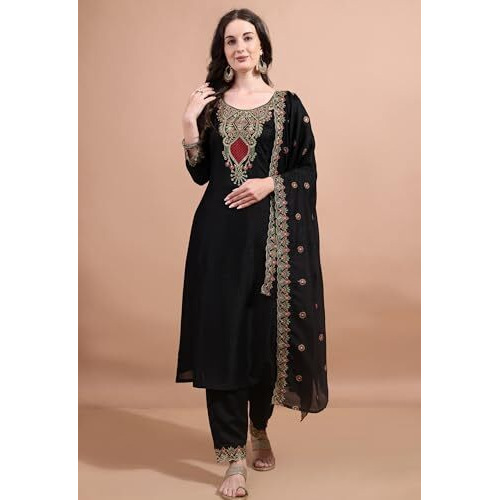 Pratham Blue Women's Silk Embroidered Straight Kurta Palazzos With Dupatta |Kurta Set For Women |Women Kurta |Women Embroidered Kurta Sets Kurtis (Bkp-1039-Xxl_Black)