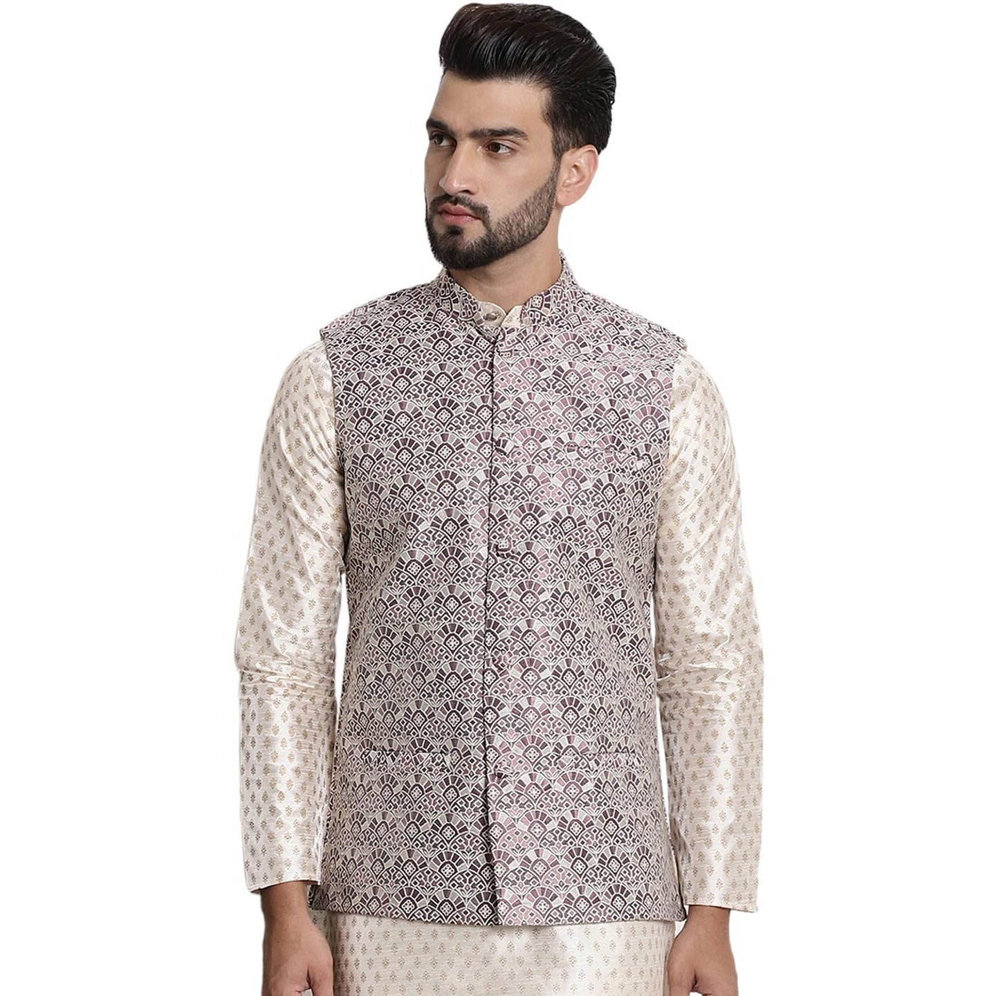 Sojanya (Since 1958 Men's Jacquard Silk, Wine Color Nehru Jacket