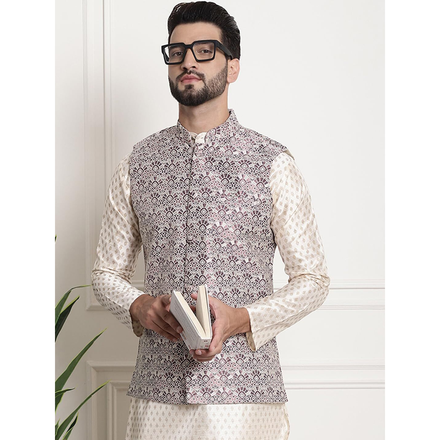 Sojanya (Since 1958 Men's Jacquard Silk, Wine Color Nehru Jacket