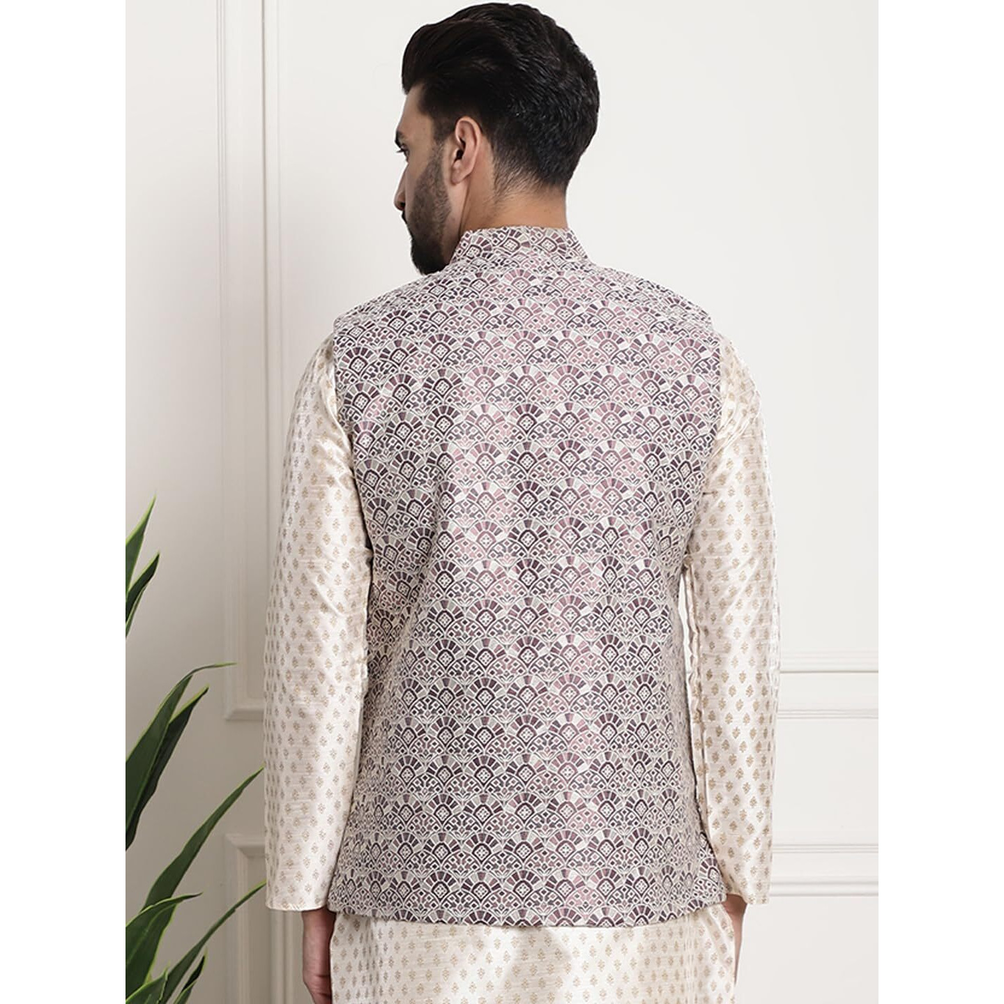 Sojanya (Since 1958 Men's Jacquard Silk, Wine Color Nehru Jacket