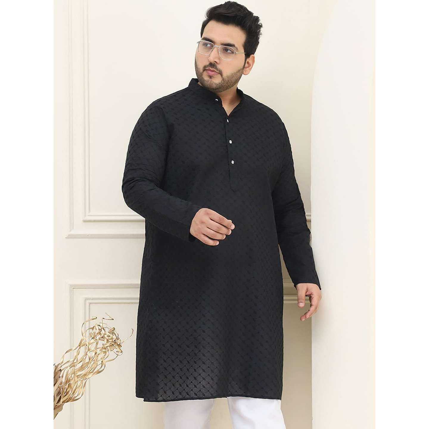 Sojanya Plus(Since 1958) Men's 100% Cotton Black Chikankari Kurta
