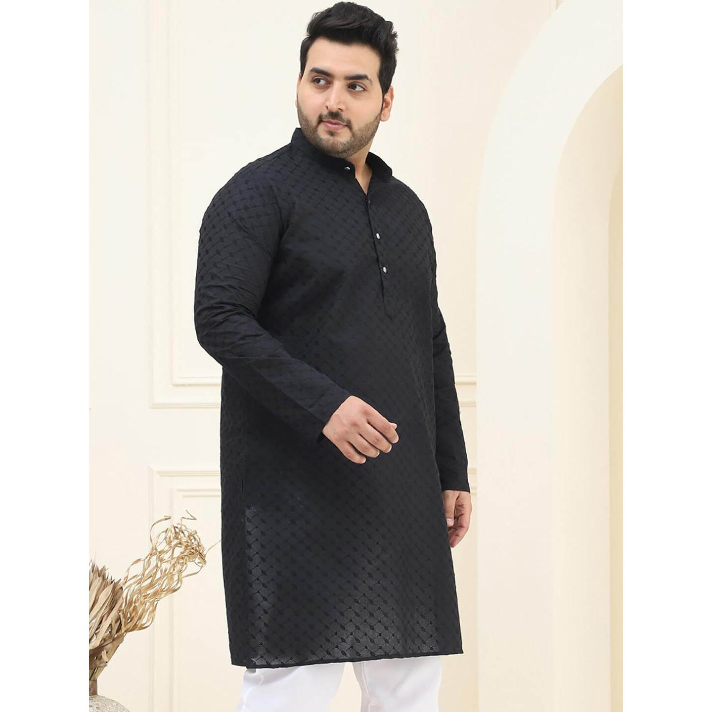 Sojanya Plus(Since 1958) Men's 100% Cotton Black Chikankari Kurta