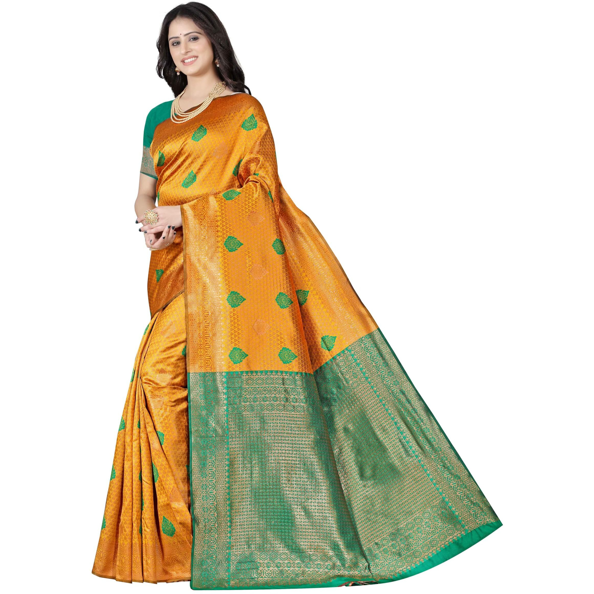 Sugathari Women's Banarasi Saree Pure Kanjivaram Silk Soft New Ladies 2024 Design Wear Pattu Sarees Latest Cotton Party Sari Collections With Blouse Piece For Wedding Sadi (Pari-185-Mustard)