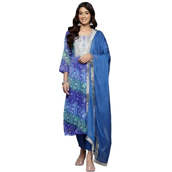 Varanga Women's Blue Bandhani Printed Zari Embroidered Kurta With Bottom And Dupatta