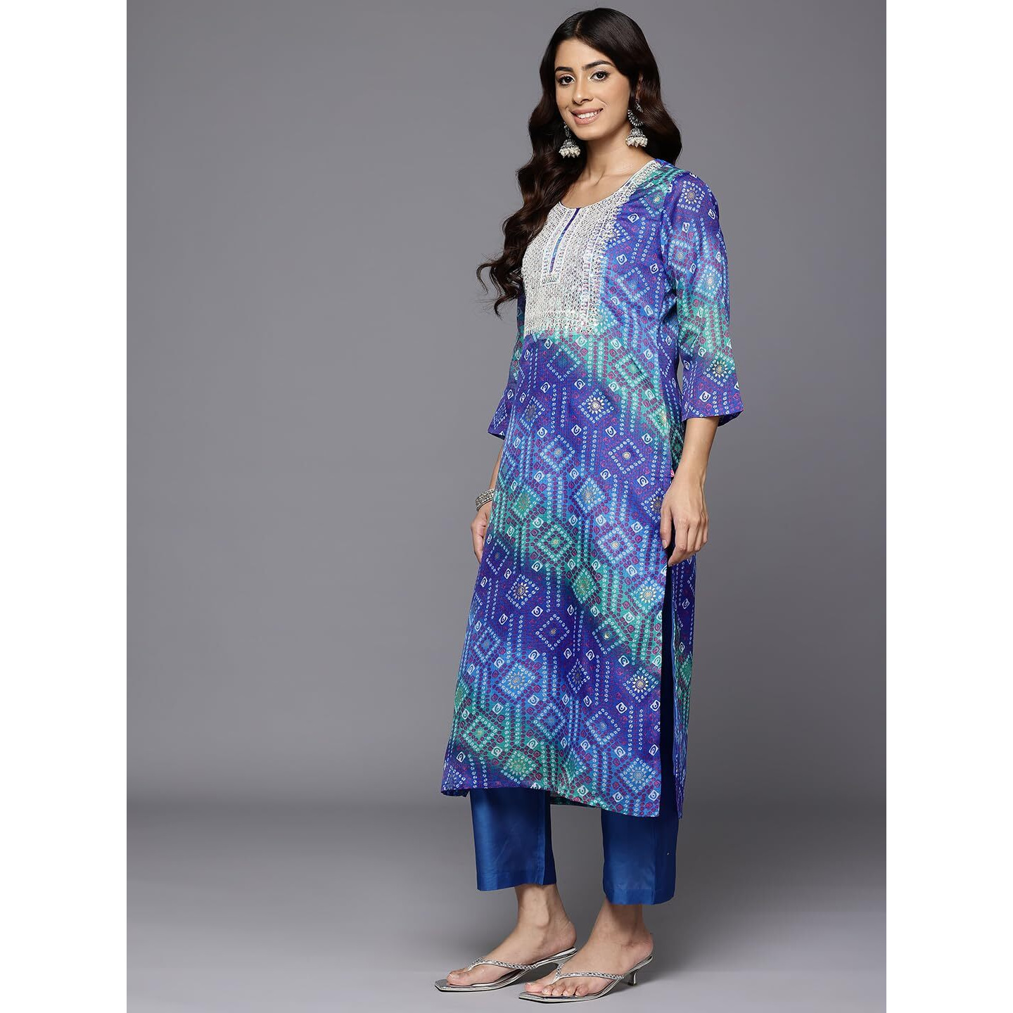 Varanga Women's Blue Bandhani Printed Zari Embroidered Kurta With Bottom And Dupatta