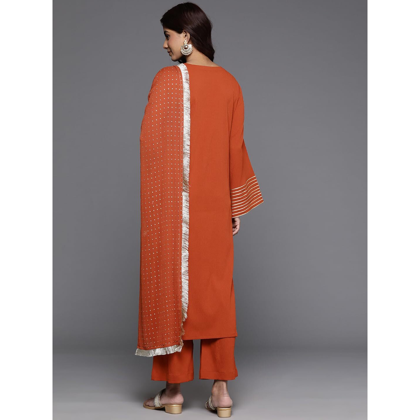 Varanga Women Rust Solid V-Neck Embellished With Gota Straight Kurta Paired With Tonal Bottom And Dupatta