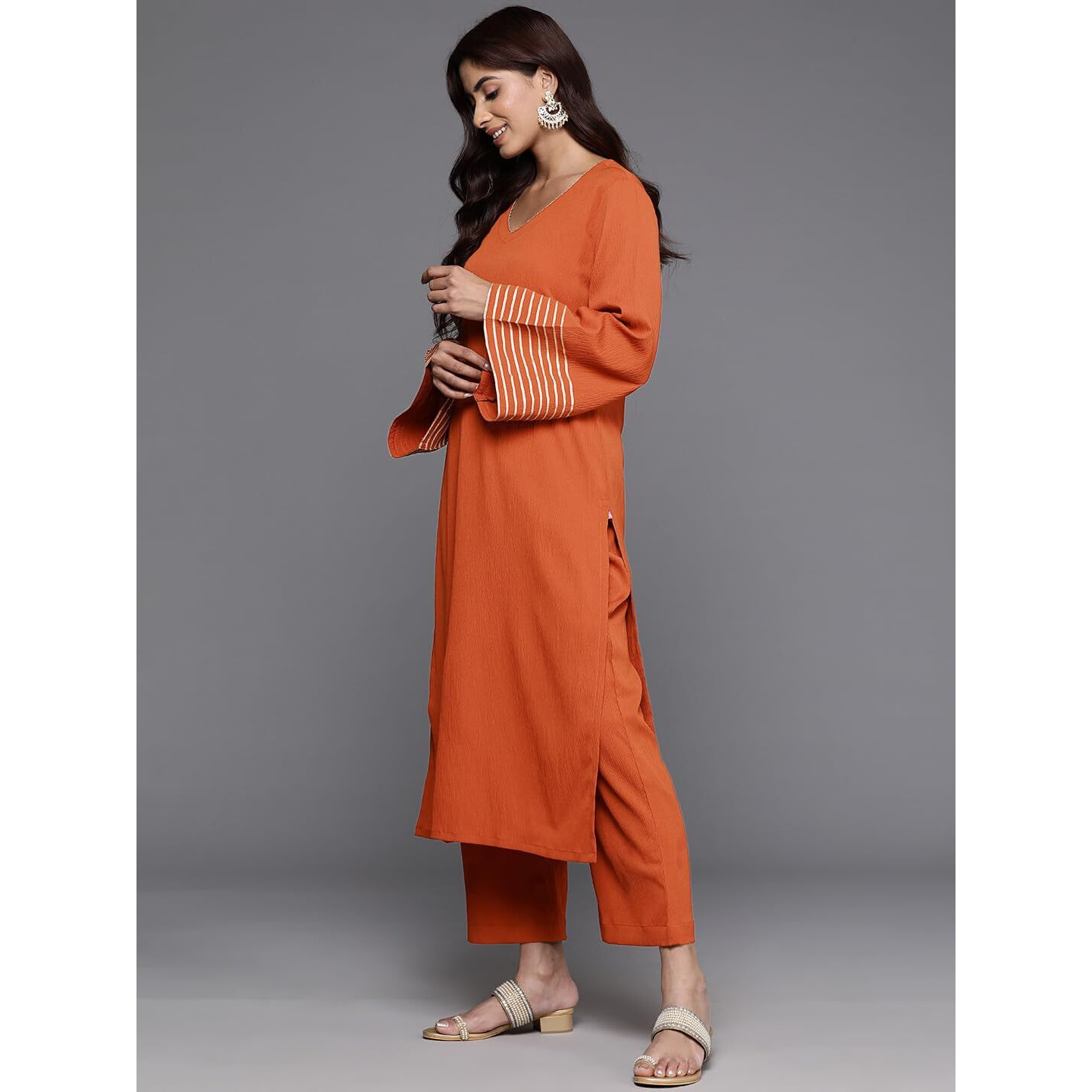 Varanga Women Rust Solid V-Neck Embellished With Gota Straight Kurta Paired With Tonal Bottom And Dupatta