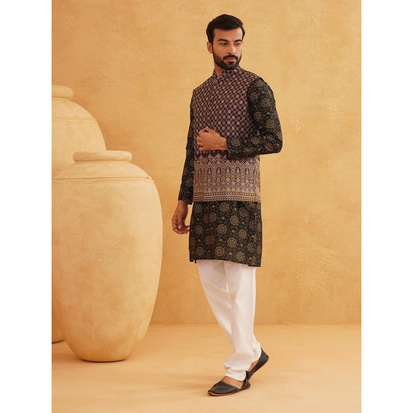 Sojanya (Since 1958 Men's Silk Blend Print Black Kurta And Off-White Pyjama With Wine Nehrujacket