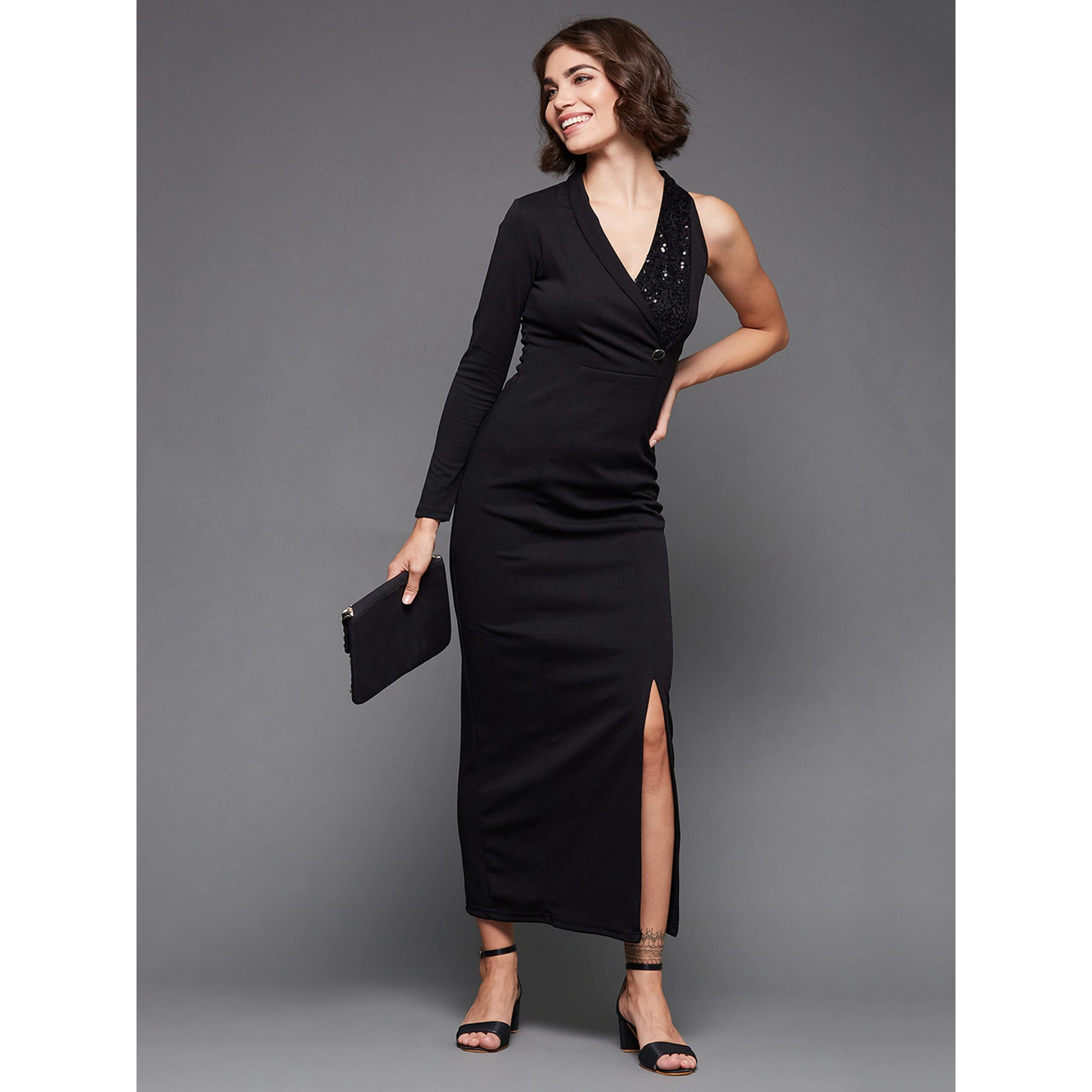 Miss Chase Women's Black Solid Asymmetric Sequined Maxi Dress (Mcaw22D98-15-62-02, Black, Xs)
