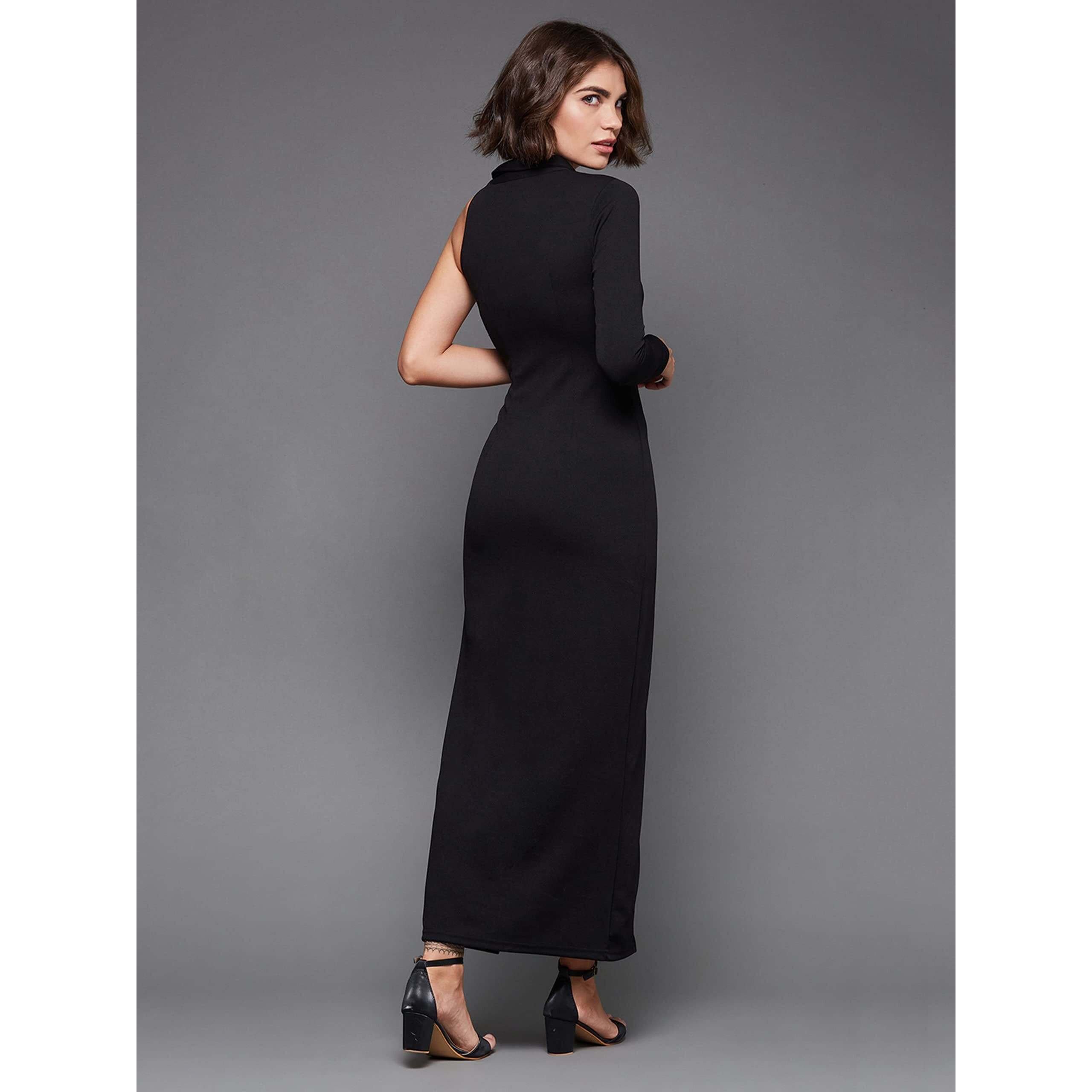 Miss Chase Women's Black Solid Asymmetric Sequined Maxi Dress (Mcaw22D98-15-62-02, Black, Xs)