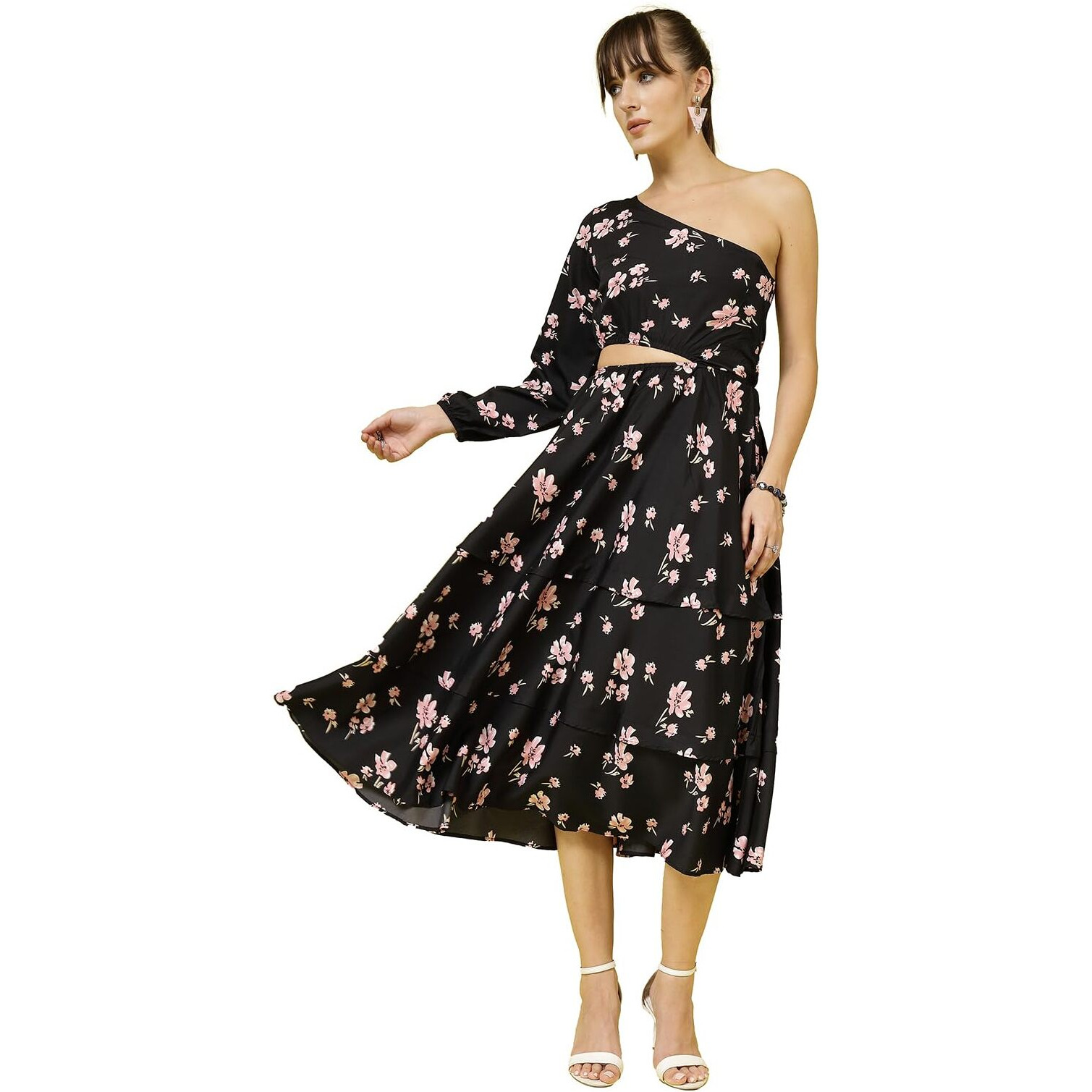 Oomph Women's Western & Fusion Wear Printed Crepe Dress For Women, One Shoulder, Black - Md1074