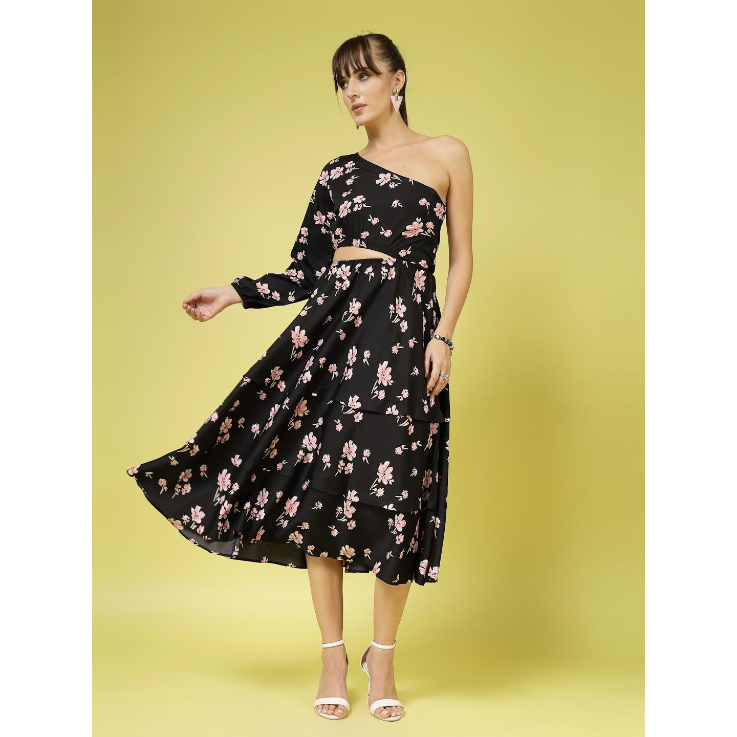 Oomph Women's Western & Fusion Wear Printed Crepe Dress For Women, One Shoulder, Black - Md1074