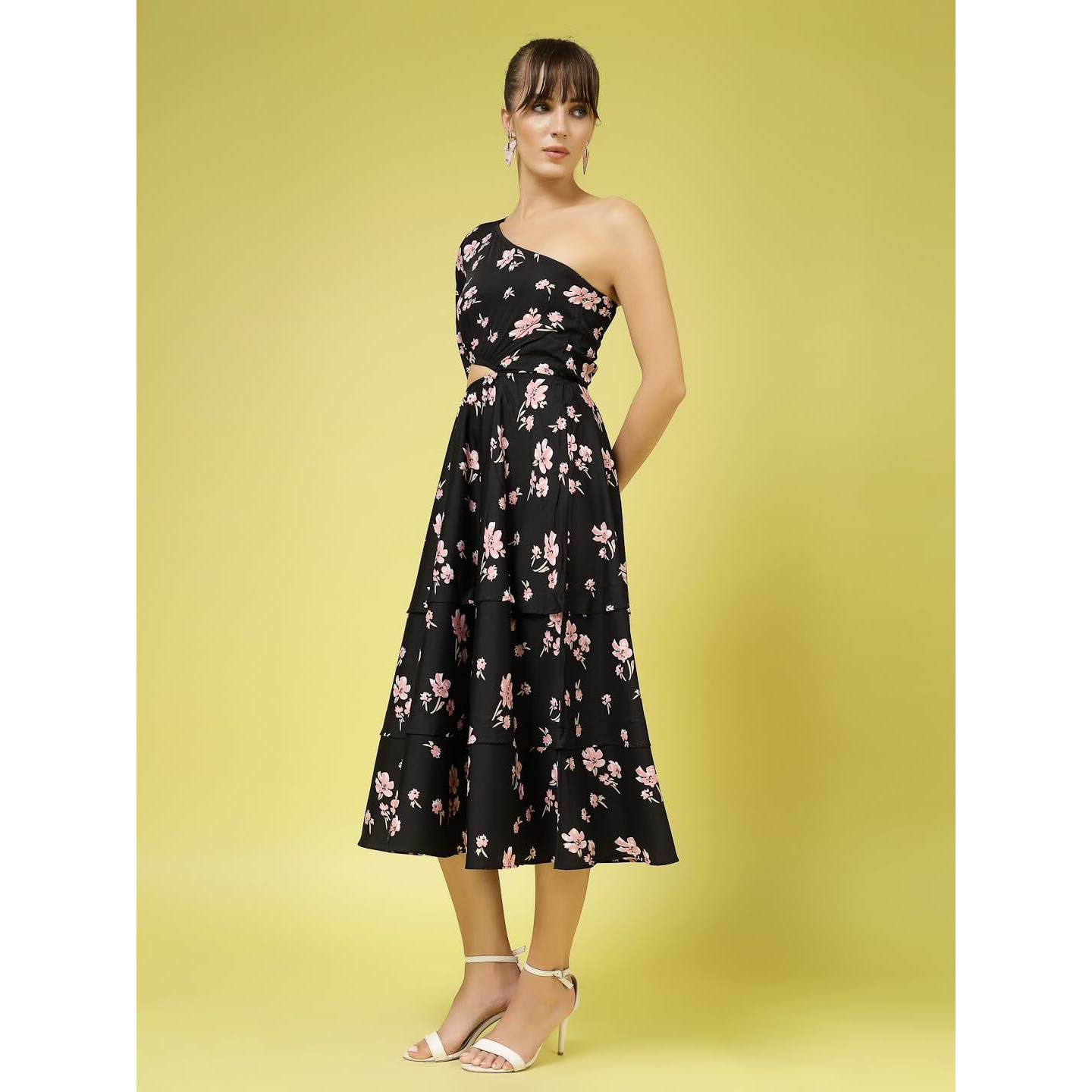 Oomph Women's Western & Fusion Wear Printed Crepe Dress For Women, One Shoulder, Black - Md1074