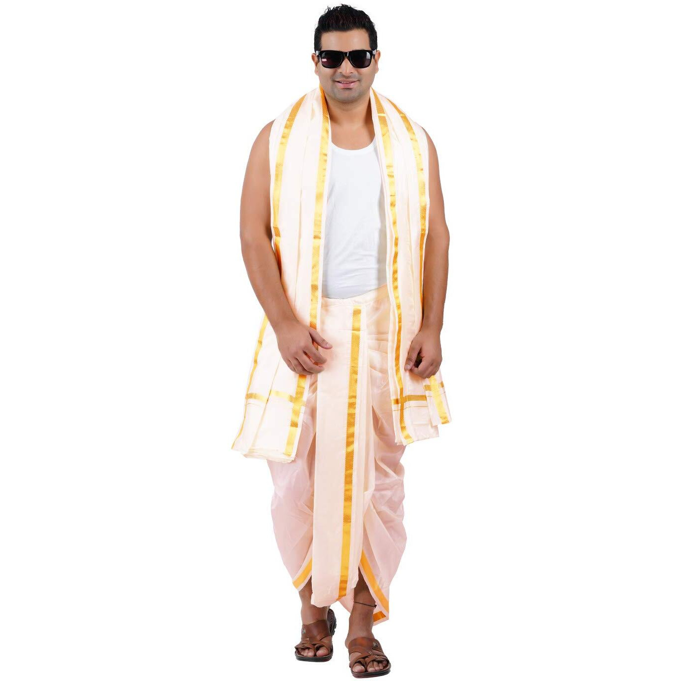 Prakasam Cotton Mens Pure Silk Cream Colour Panchakacham (Ready To Wear) Dhoti & Towel Set With Pocket (50K)