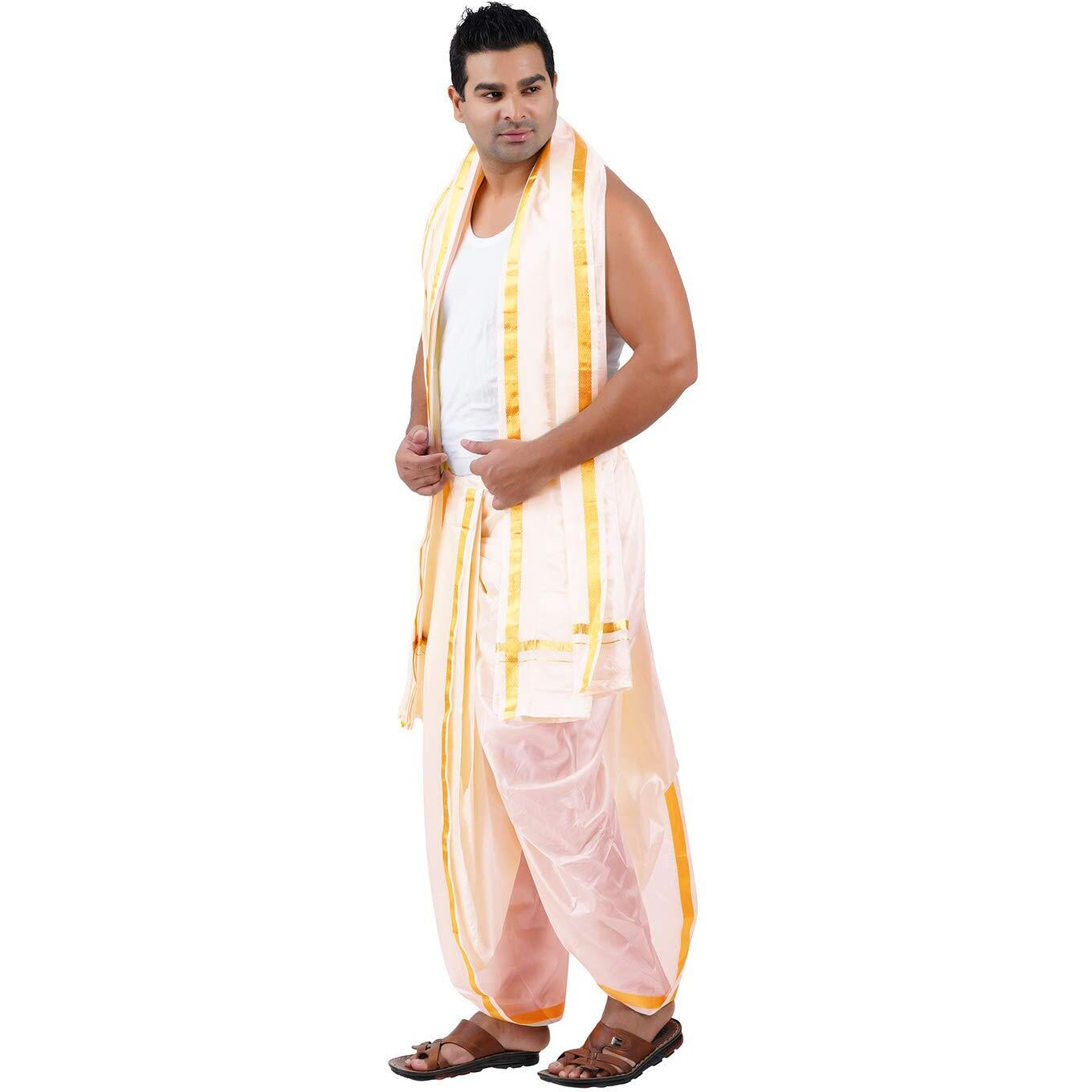 Prakasam Cotton Mens Pure Silk Cream Colour Panchakacham (Ready To Wear) Dhoti & Towel Set With Pocket (50K)