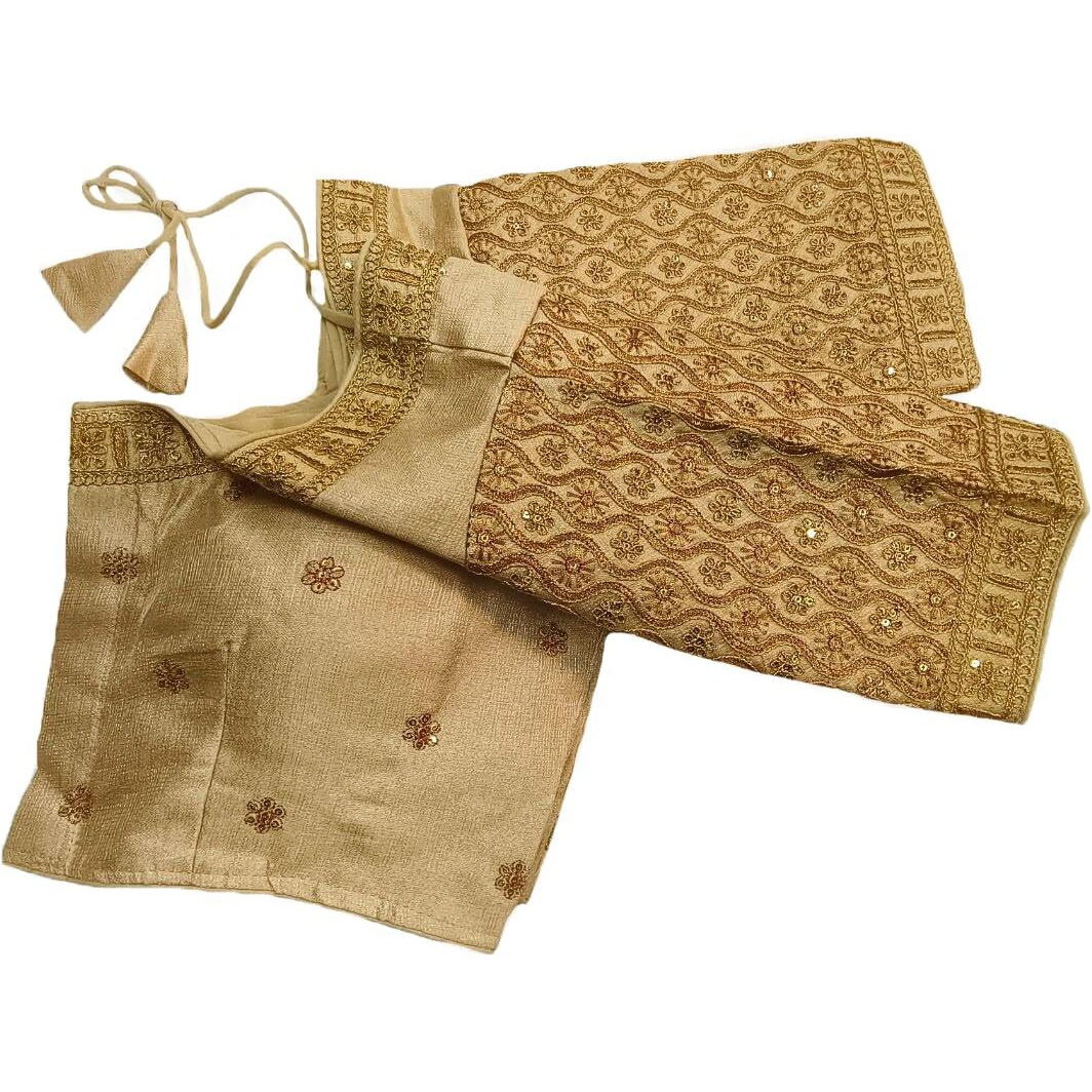 Pujia Mills Women's Readymade Blouse Embroidery Multi Coding Gold Thread Indian Ethnic Designer Stitched Half Sleeve Women's Readymade Gold Color Saree Blouse For Women For Saree Lehenga Choli