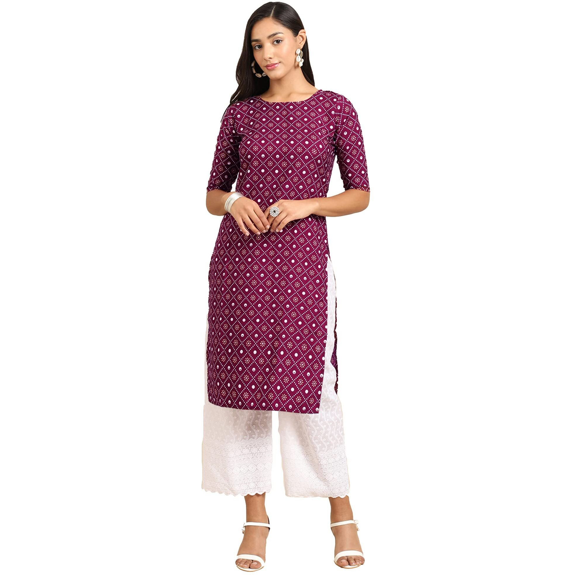 Pinkmint Women's Crepe Wine Color Ethnic Motif Printed Straight Kurti (Ri-530355-M)