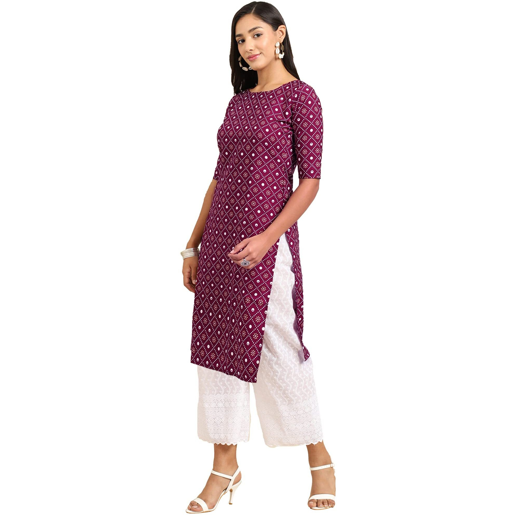 Pinkmint Women's Crepe Wine Color Ethnic Motif Printed Straight Kurti (Ri-530355-M)