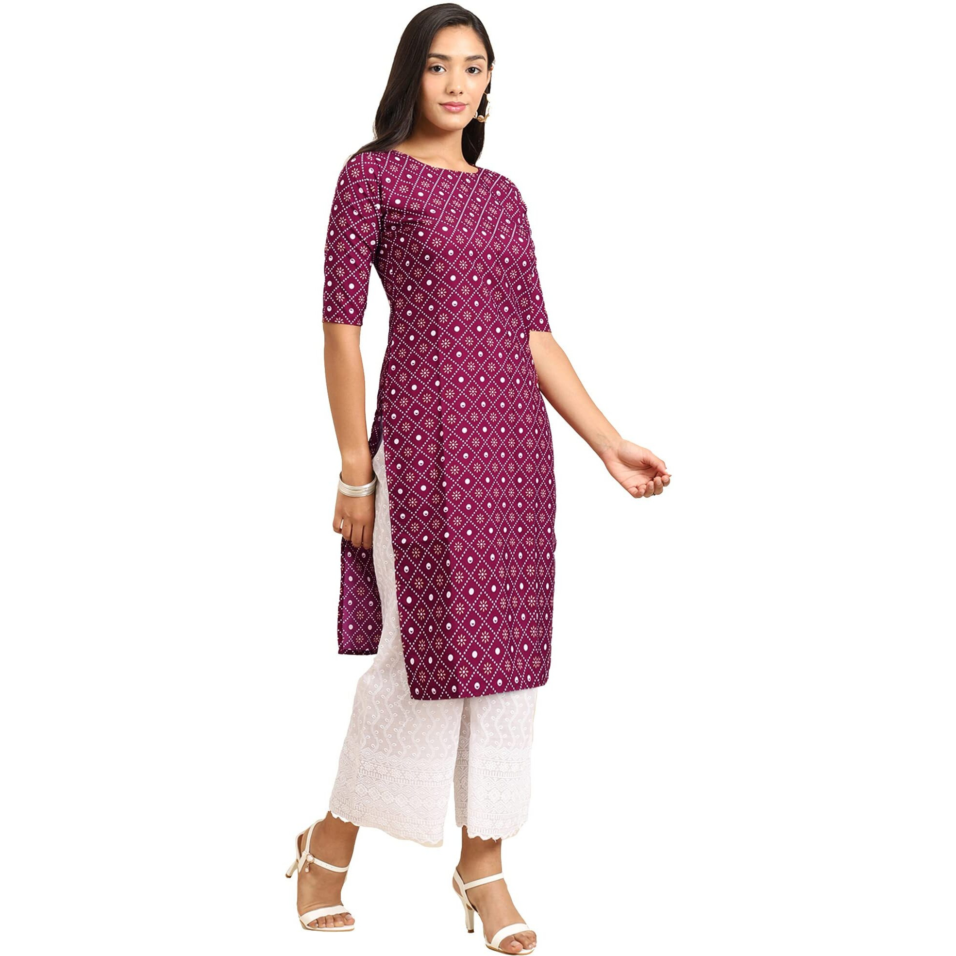 Pinkmint Women's Crepe Wine Color Ethnic Motif Printed Straight Kurti (Ri-530355-M)