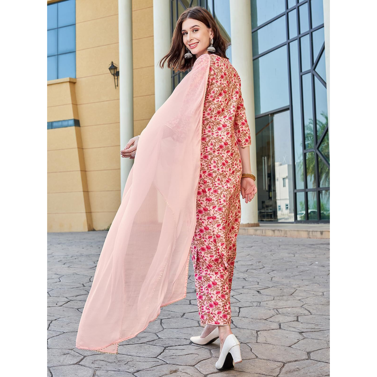Sanisa Women's Rayon Blend Floral Printed Straight Kurta With Pant And Dupatta | Ethnic Set | Suit Set | Kurta Set(148Kbd1604N-M_Light Pink & Multi)