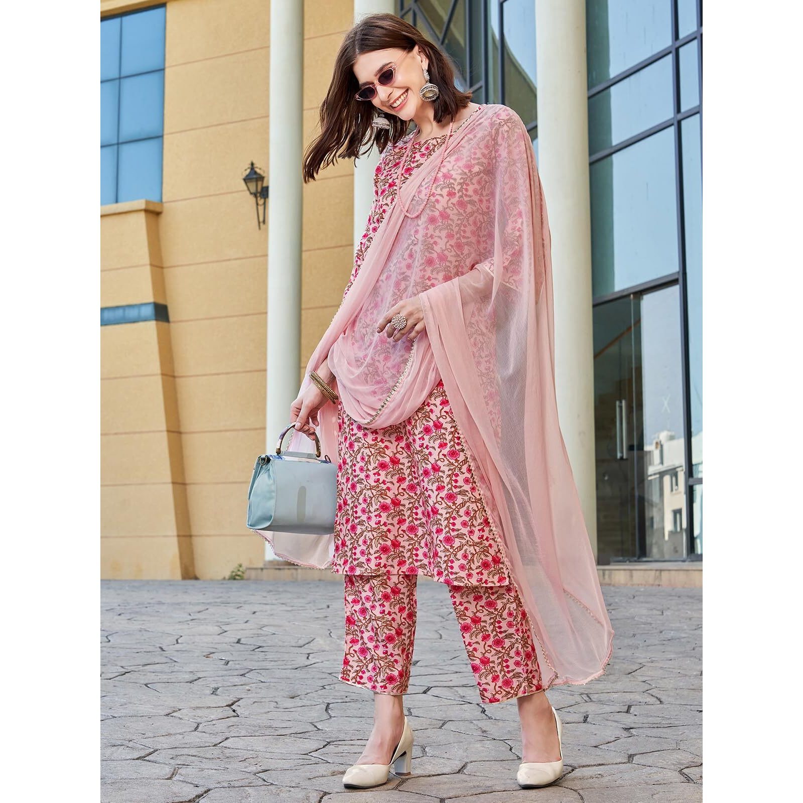 Sanisa Women's Rayon Blend Floral Printed Straight Kurta With Pant And Dupatta | Ethnic Set | Suit Set | Kurta Set(148Kbd1604N-M_Light Pink & Multi)