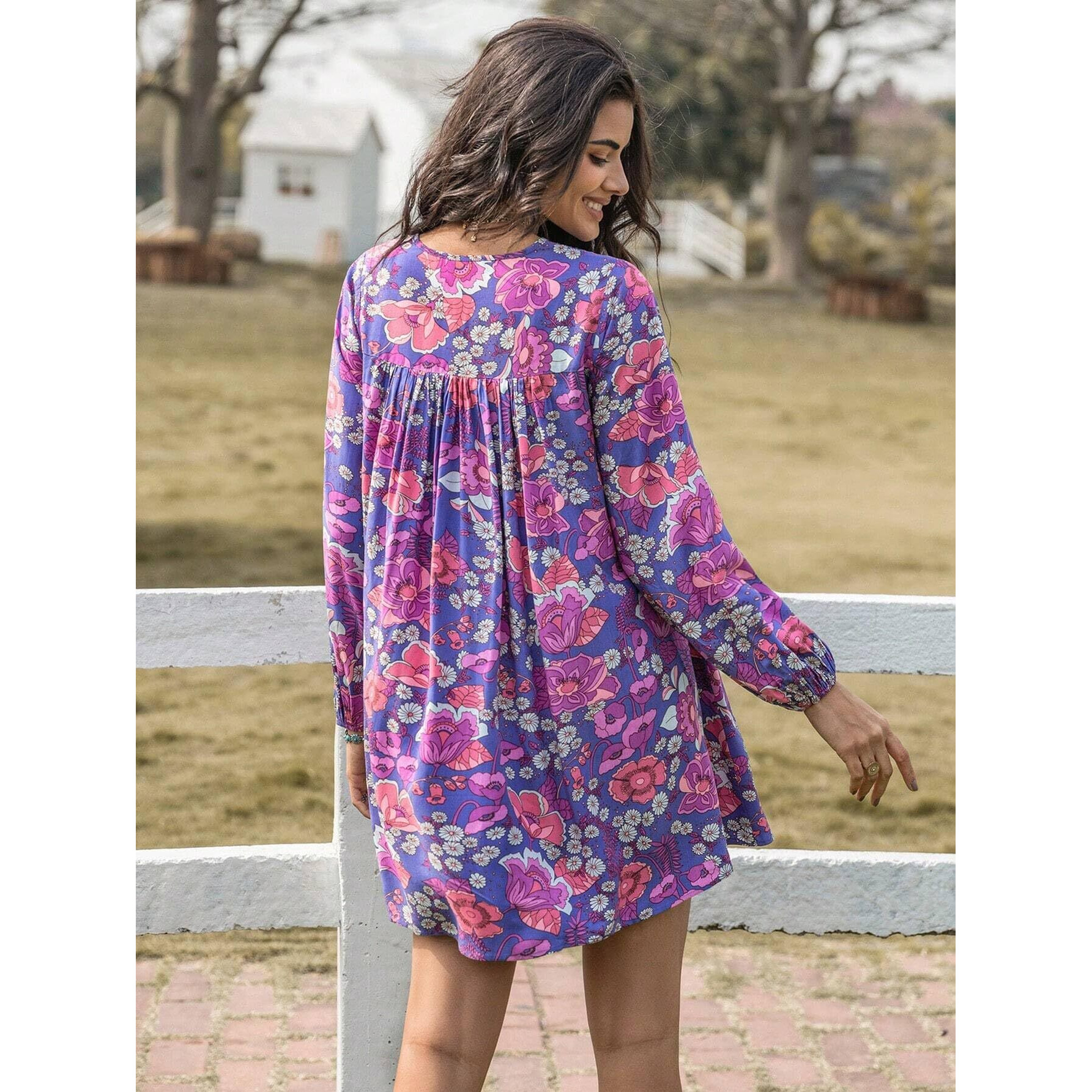 Smowkly Floral Print Bishop Sleeve Smock Dress 1245_Prl_S Purple