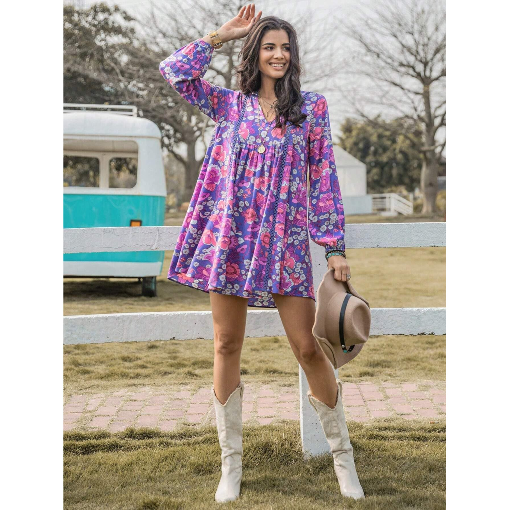 Smowkly Floral Print Bishop Sleeve Smock Dress 1245_Prl_S Purple