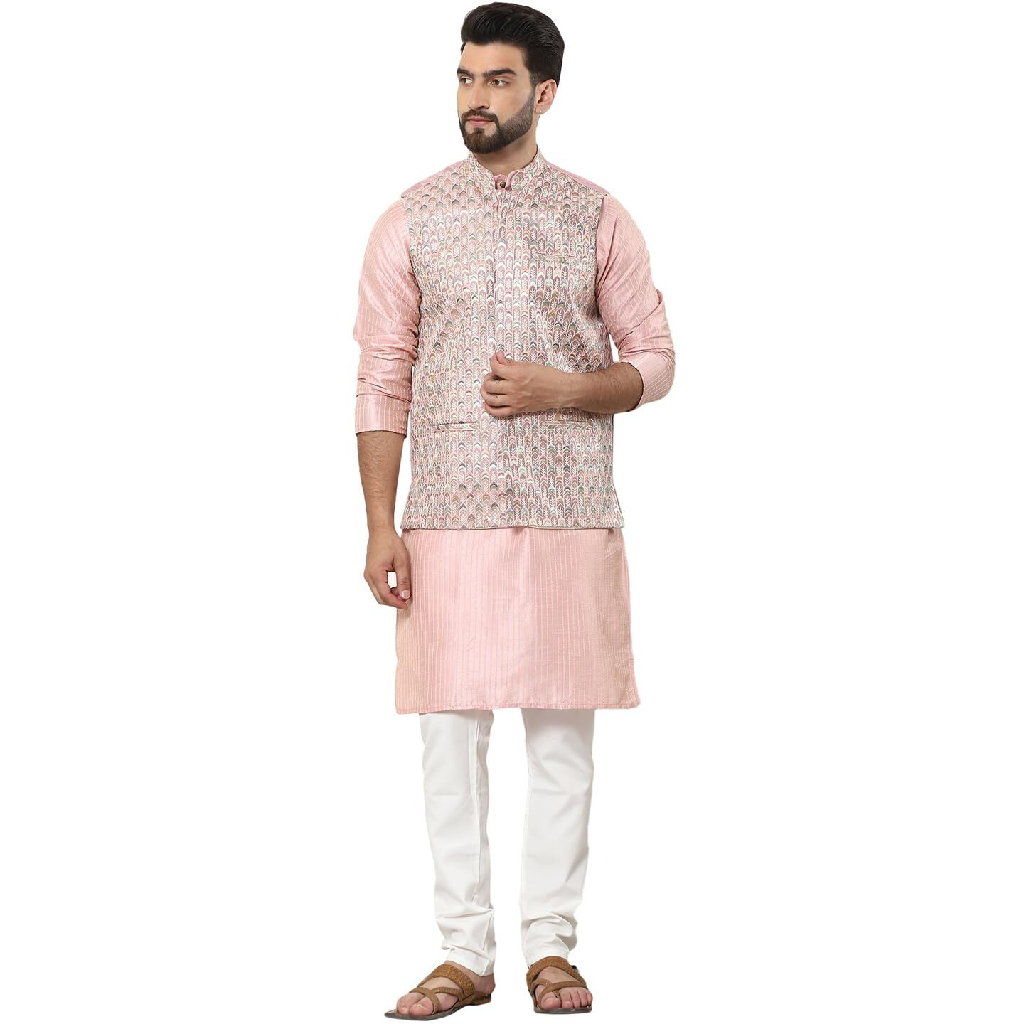 Sojanya (Since 1958 Men's Silk Blend Striped Design Pink Kurta And Cream Pyjama With Designer Pink Nehru Jacket