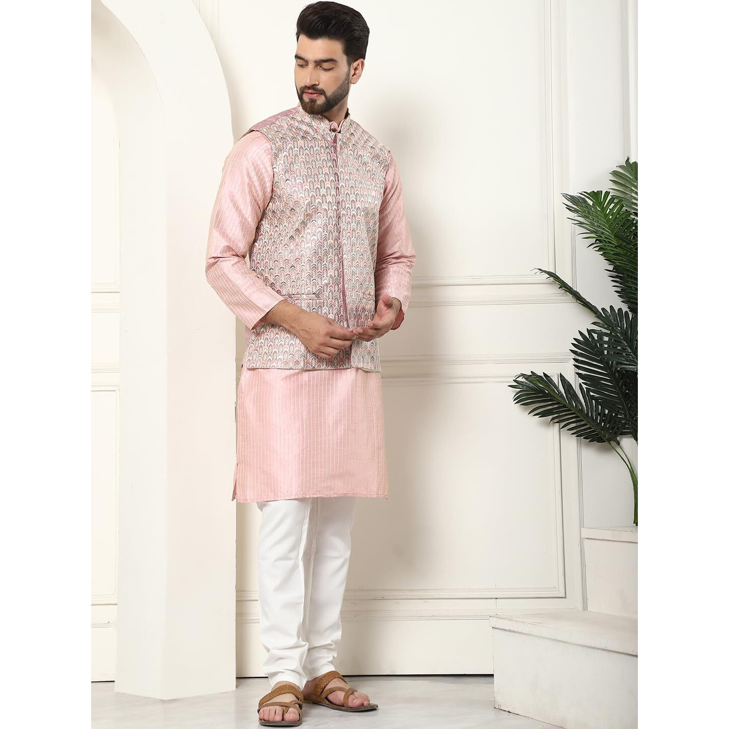 Sojanya (Since 1958 Men's Silk Blend Striped Design Pink Kurta And Cream Pyjama With Designer Pink Nehru Jacket